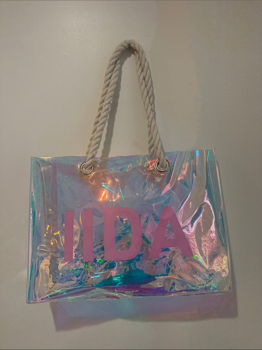 Iridescent Tote Bag with Rope Handles - Pink Lettering
